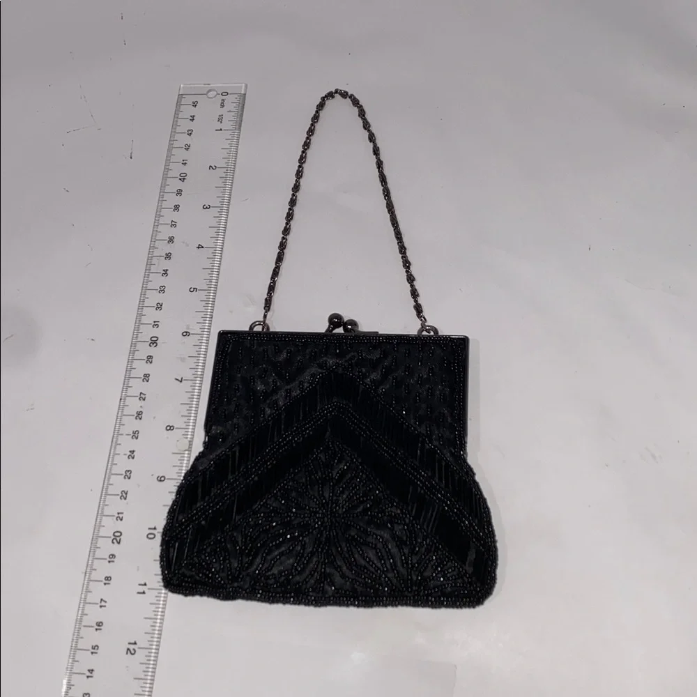 Gunne Sax Elegant Black Beaded Clutch With Chain Strap  And Kiss Closure